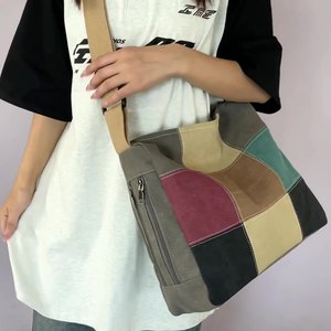 New Women's Retro Shoulder <b>Bag</b> <b>Large</b> Capacity Casual Fashion Color Contrast <b>Canvas</b> <b>Bag</b> With Classic Diagonal Handbag - Product Image 2