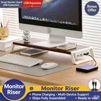 Support d'écran pour ordinateur de bureau, support de rangement pour écran de bureau, support d'extension avec chargeur USB