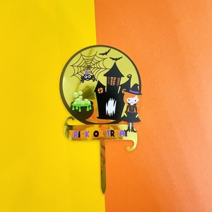 Hstyle couleur imprimé acrylique Halloween gâteau Topper drôle tour ou traiter citrouille sorcière araignée gâteau Inserts Dessert Cupcake Picks - Product Image 4