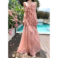 Robe longue rose à volants multicouches sans bretelles, style bohème vintage, mignonne, sexy, unie, taille ample, printemps, automne, été