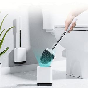Brosse de toilette en silicone écologique à long manche avec support mural en bois pour salle de bain - Product Image 2