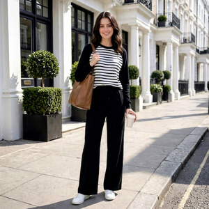 <b>Women's</b> Black <b>White</b> Striped Raglan Sweatshirt & Elastic Waist Wide Leg Pants 2 in 1 Lightweight Sports Casual <b>Tracksuit</b> Set - Product Image 1
