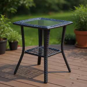 Outdoor Wicker Side <b>Table</b> With Glass Top Rattan End <b>Table</b> For Patio Garden Porch <b>Balcony</b> - Product Image 2