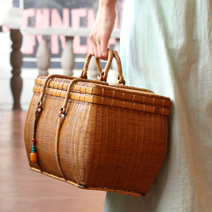 Rattan Woven Tea Storage <b>Box</b> 20-35L Rectangle Handle Portable Travel Bag Food Container Business <b>Gift</b> - Product Image 1