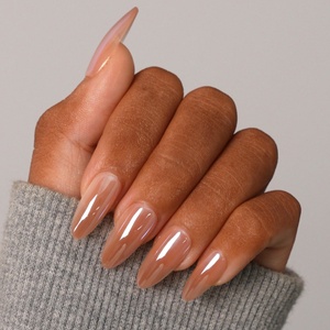 Lot de faux ongles réutilisables en amande moyenne, de haute qualité, en gel souple brun uni verni, avec logo personnalisé, à presser, vente en gros - Product Image 1