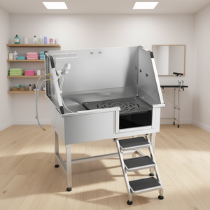 Bañera de acero inoxidable para peluquería canina de 38 pulgadas con escaleras, grifo y cabezal de ducha para limpieza y baño de mascotas - Product Image 2