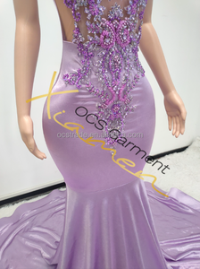 Robe de soirée maxi de mariée en satin MF, col haut, taille naturelle, sexy, rose, avec appliques en strass, traîne balayante, robe de bal perlée - Product Image 5