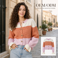 Eleganter gestreifter O-Neck-Cardigan aus 77 % Polyester, 11 % Polyamid, 8 % Wolle, 4 % Elastan für Damen, ideal zum Schichten im Büro, OEM-Service.