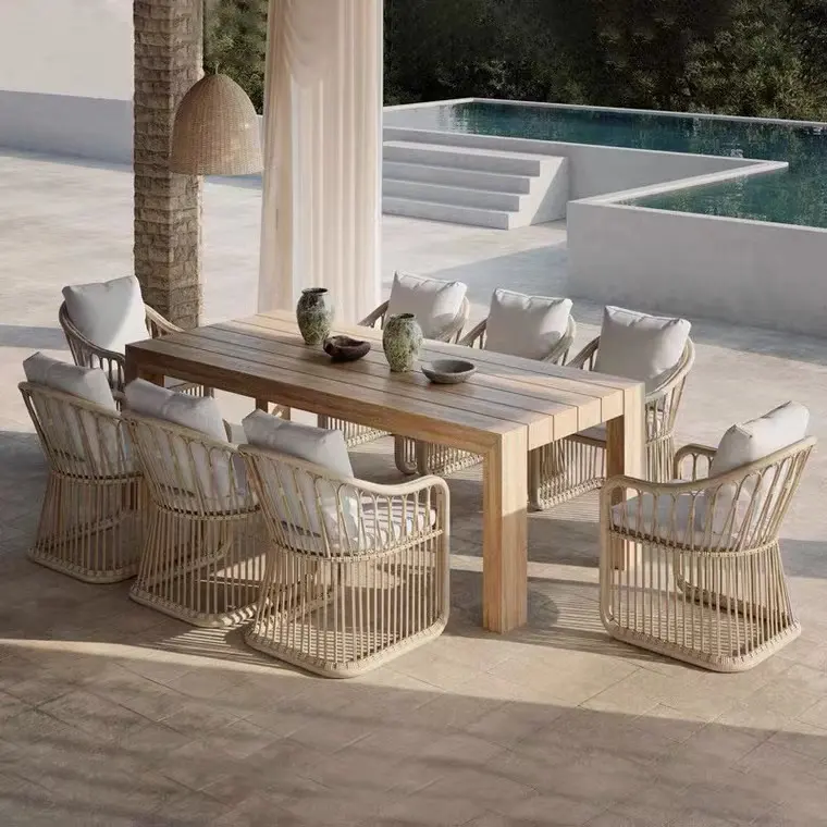 Muebles de ratán de diseño de lujo para exteriores, mesa de comedor de madera de teca y silla, conjunto de patio y jardín