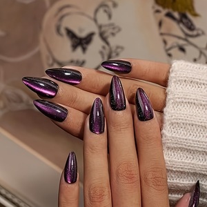 24 Uñas Postizas con Efecto Ojo de Gato, Forma Almendrada, Cobertura Total, Color Morado Brillante y Negro para Mujer - Product Image 2