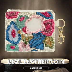 Beaded Floral Leather Coin Purse Zipper Pouch Handmade Mini <b>Change</b> <b>Bag</b> for Travel Gift - Product Image 2
