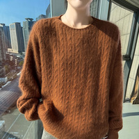 Herbst Winter Neuer Damen-Pullover Locker Sitzend Rundhals Zopfmuster Dick Kurz Einfarbig Wolle & Nerzvelours Koreanischer Stil