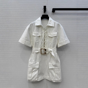 Новое элегантное повседневное современное джинсовое летнее платье с большими карманами, эффектом потертости, на шнуровке, с коротким рукавом и завышенной талией - Product Image 1