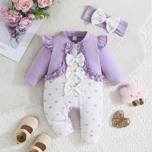 Traje de gateo de algodón con lazo y estampado de puntos para bebés niñas de 1 a 18 meses, de manga larga y combinación de colores, ideal para otoño. - Product Image 3