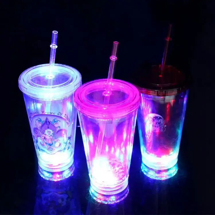 Gobelet à glace à Double paroi 480mL, tasse à paille éclairée par LED, tasse à glace lumineuse pour eau de boisson