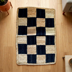 Cheap Price Handmade Jute Braided Anti-Slip Door <b>Mat</b> Geometric Block Pattern Natural Beige Black Rectangle Modern Medium - Product Image 1