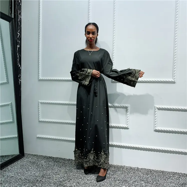 2019 Mới Nhất Trung Đông Kaftan Abaya Hồi Giáo Quần Áo Kimono Abaya Với Ngọc Trai Và Ren Phụ Nữ Abaya Hồi Giáo Quần Áo