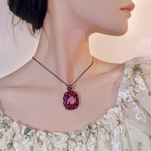 Brass Gold Plated Red Corundum Black Jadeite Pendant Necklace 15*20mm Luxury Statement Link <b>Chain</b> Unisex Daily Occasion Wear - Product Image 2