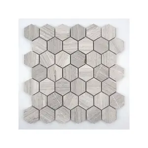 床用ホワイトオーク六角形木製グレー大理石モザイクタイル