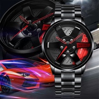 Montre Homme Quartz Noire Luxe Cool Unique Jante Volant 3D Voiture