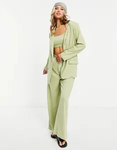 ZY Wholesale Women 3pcs Crop Top Wide Leg Pants Loose Blazer Washed Linen Suit Set