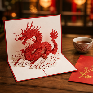 Carte de vœux artisanale en papier découpé au laser, design original ZS-PC0269, dragon chinois 3D pop-up, nuage de dragon rouge - Product Image 2