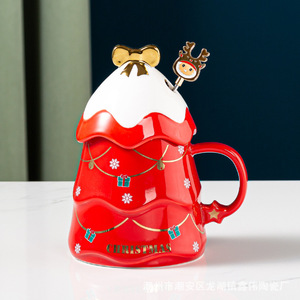 2024 Xmas Tree Design Natal Caneca De Café Gift Set Bonito Copo De Chá De Cerâmica Canecas Com Tampa E Colher - Product Image 5