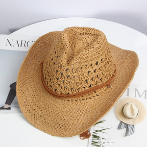 Sombrero de Vaquero Occidental Plegable de Rafia Hueca, Unisex, para Verano, Playa, Casual, de Ala Ancha, Protección Solar, 54-56CM - Product Image 2