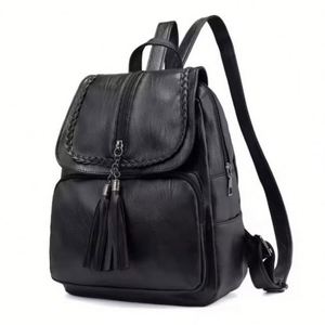 Wholesale New <b>Cheap</b> PU Zipper Waterproof Fashion College <b>Backpack</b> with Tassel Black for Women School Bag 20-35L Capacity - Product Image 1