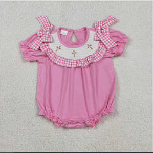 Romper de burbujas para bebé niña con bordado cruzado SR3250, a cuadros rosa, para Pascua - Product Image 1