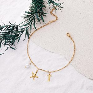 Tobilleras Novirassine con Letras del Alfabeto de la A a la Z y Perlas de Estrella de Mar para <span class=keywords><strong>Mujer</strong></span>, Joyería Personalizada para el Pie con Letras Doradas, Estilo Boho para Playa y Verano - Product Image 4