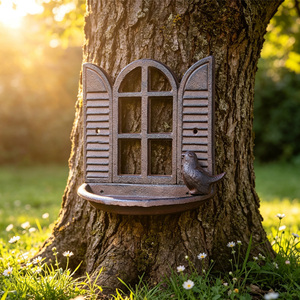 Mangiatoia per Uccelli da Parete in Ghisa con Statuette di Uccelli e Dettagli Stile Fattoria, Decorazione Murale in Ferro a Forma di Finestra, Piatto per Uccelli - Product Image 3