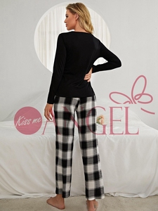 KISS ME ANGEL hot singolo nero a collo a V manica lunga con pantaloni a quadri bianchi e neri pigiama da <span class=keywords><strong>donna</strong></span> set due pezzi - Product Image 5