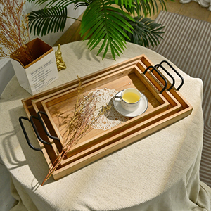 HOME Living Room Rustic Rectangle Wood Flower Carved <b>Tray</b> with Metal Handle - Product Image 1