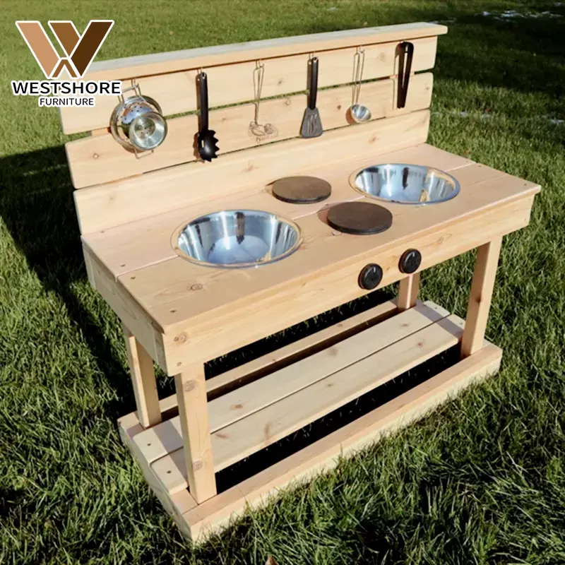 Children's Kitchen Wood Playground Stainless Steel Simulation Kitchen Utensils Wooden Outdoor Play Mud Kitchen With Sand Box