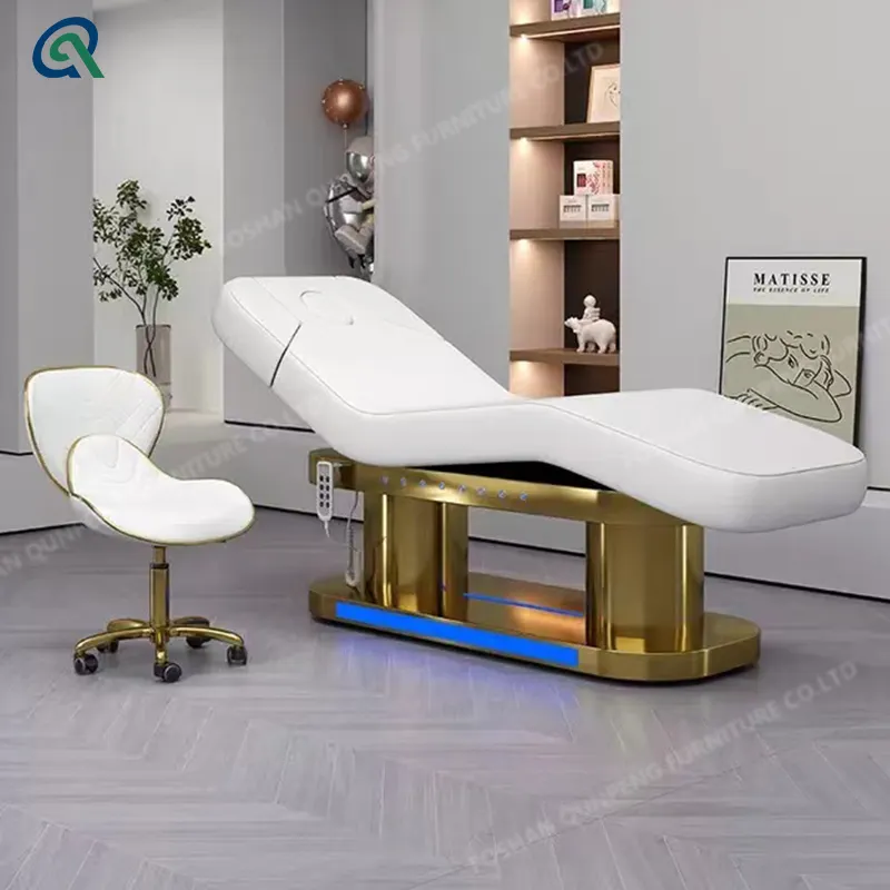 Qunpeng 2024 New Hot selling Durable Massage Table Electric Facial Treatment Lash Bed Beauty Salon Spa Furniture Gold