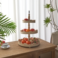 Boerderijstijl 3-laags dienbladen van natuurlijk gekleurd hout, decoratief, afneembaar, rond, witgekalkt, met houtsnijwerk, voor de woonkamer