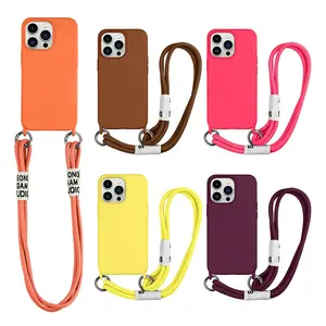 Colorful 3 In 1 Nylon Lanyard Phone Cover with Label Tag Logo for iPhone 13 Pro Max 12 11 Fiber Silicone Phone Case with Strap