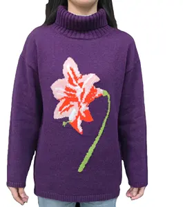Original Design Hight quality Women Cable Wonders Flower Turtleneck Pullover 100% Cashmere Knitted Floral Embroidered Sweater