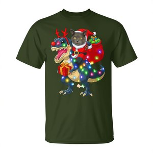 Santa Cat Riding Dinosaur <b>Xmas</b> Lights <b>T</b>-<b>Shirt</b> - Product Image 2