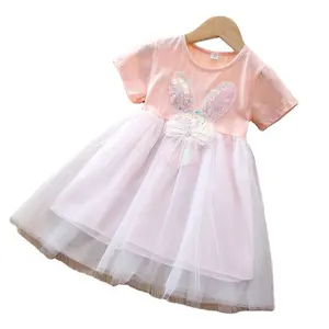 Hot Selling Short sleeved fresh dress sequin embroidered rabbit ears mesh daily life girls dress