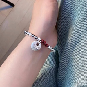 Bracelet en argent pur 999 avec pendentif paix et breloque cinabre, cordon élastique, bijoux de style chinois pour femme, usage quotidien - Product Image 1