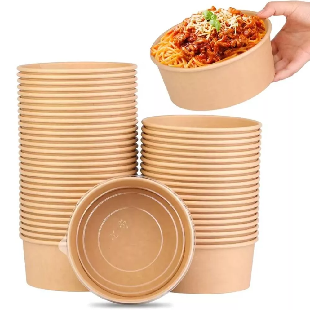 Custom White Disposable Food Grade Kraft Paper Bowls PP Lid for Takeaway Noodles Other Foods Premium Kraft Paper Plates Bowls