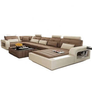 طقم أرائك عصرية على شكل حرف U من الجلد الطبيعي لغرفة المعيشة للشقة مع ملء الإسفنج - Product Image 1