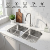 Évier de cuisine commercial double bac moderne fait main, installation sous plan, en acier inoxydable SUS304, surface polie