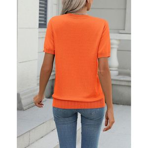 Suéter de punto ligero con cuello redondo y manga corta para mujer, ropa básica informal holgada - Product Image 4