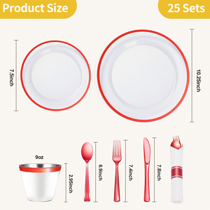 Set di Stoviglie Monouso da 175 Pezzi, <span class=keywords><strong>Piatti</strong></span> e Bicchieri in Plastica Trasparente con Bordo Rosso, Posate Resistenti per Natale e Matrimoni - Product Image 2