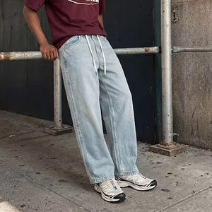 Jean décontracté ample bleu délavé effet neige pour homme, taille haute, coupe droite, collection Printemps-Été 2026 – Nouvelle tendance - Product Image 5