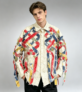 Chemise décontractée en flanelle texturée <span class=keywords><strong>à</strong></span> boutons, multicolore, tie-dye, patchwork de rubans, franges, bretelles, coupe oversize, avant-gardiste pour homme - Product Image 1
