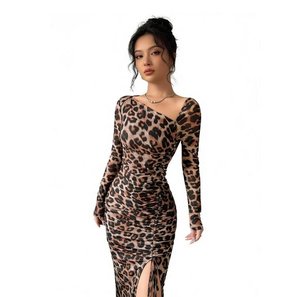 Abito <span class=keywords><strong>da</strong></span> donna plissettato con stampa leopardata alla moda abito <span class=keywords><strong>da</strong></span> festa Sexy a maniche lunghe con colletto inclinato Slim abiti <span class=keywords><strong>da</strong></span> Modulare laterali femminili - Product Image 2